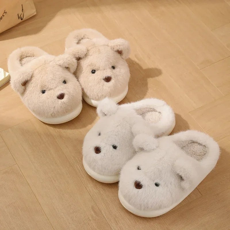 Womens slippers – Soft plush – Cute teddy bear design – Cozy indoor footwear – Available in khaki or white 3