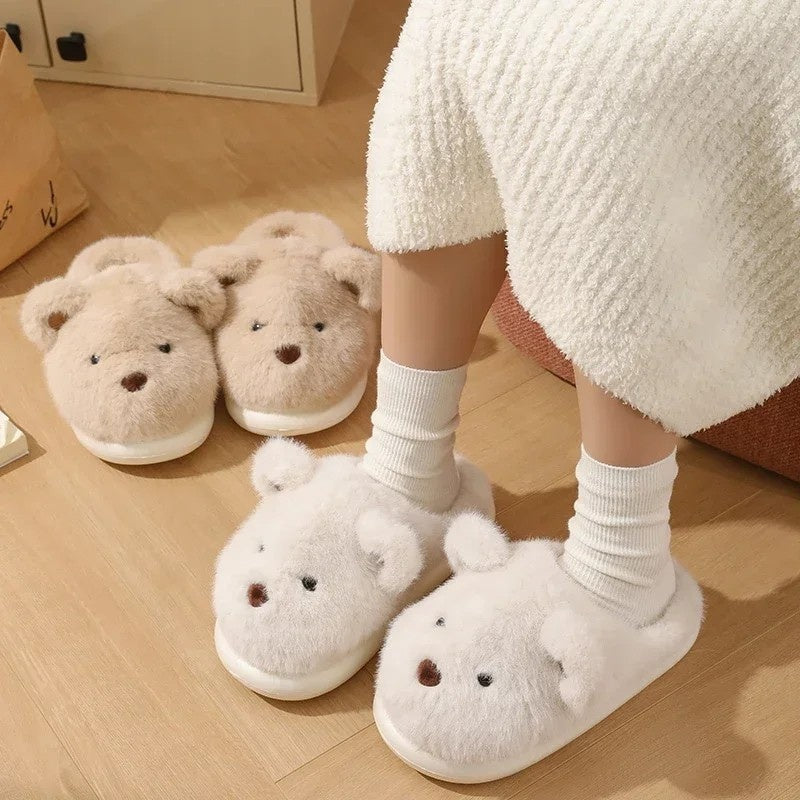 Womens slippers – Soft plush – Cute teddy bear design – Cozy indoor footwear – Available in khaki or white 7