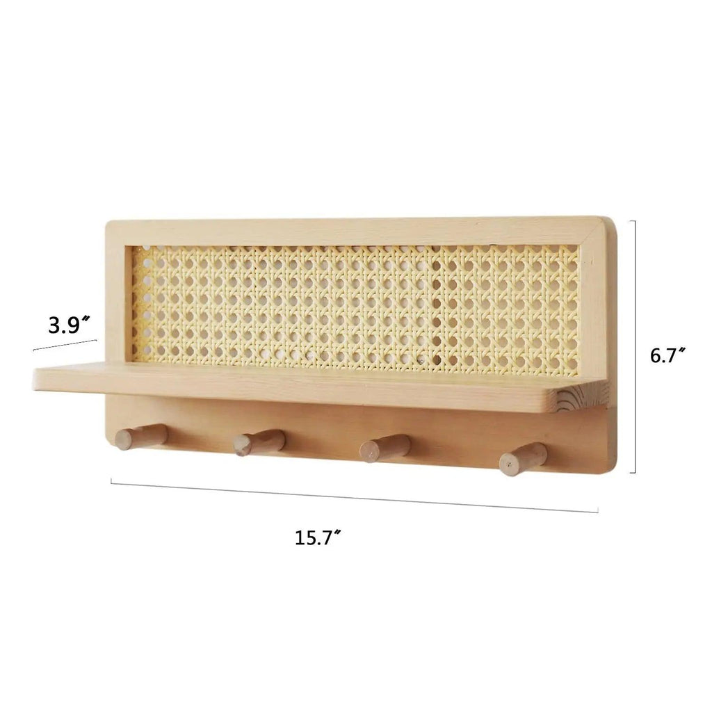 Modern minimalist wood rattan wall shelf featuring a natural finish, ideal for home decor. The shelf combines functionality and style, perfect for displaying plants or small 3