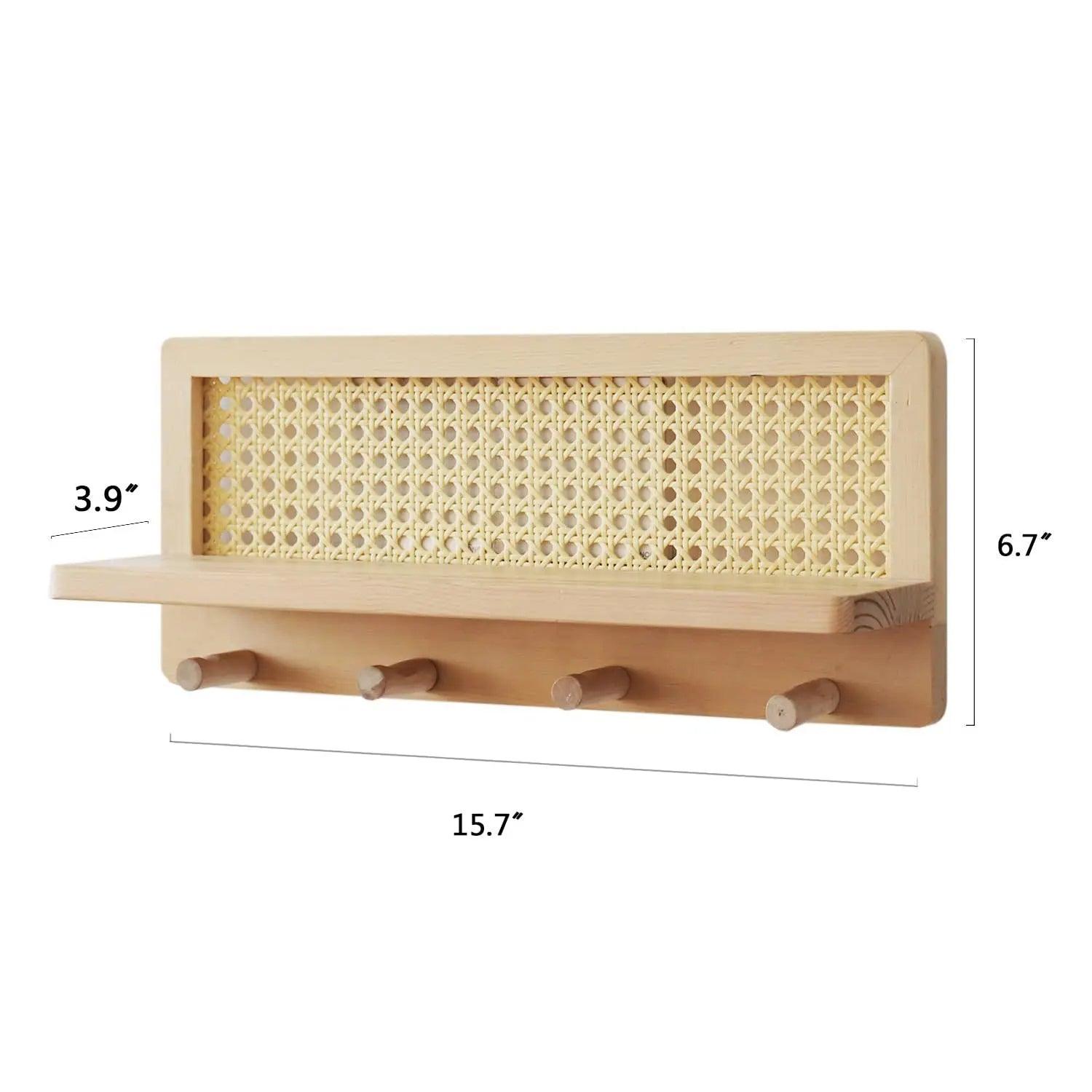 Modern minimalist wood rattan wall shelf featuring a natural finish, ideal for home decor. The shelf combines functionality and style, perfect for displaying plants or small 3