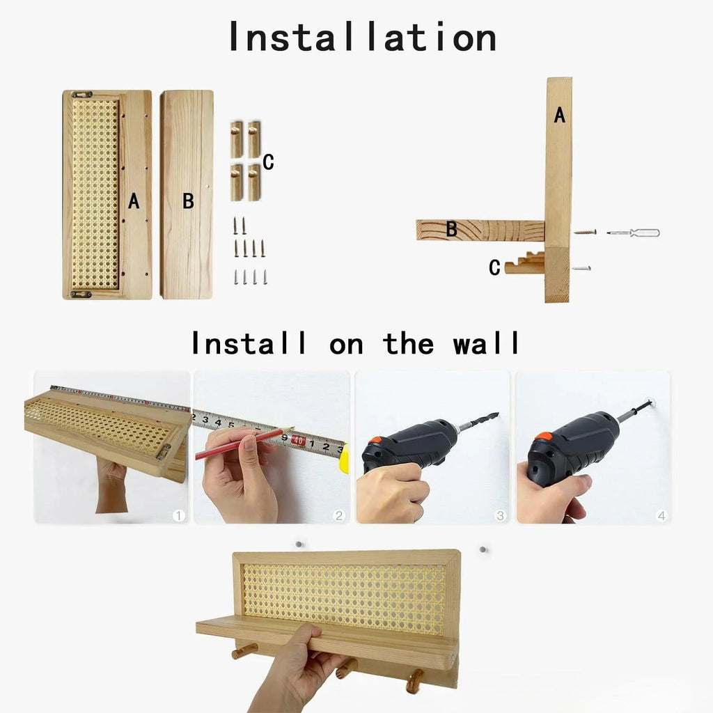 Modern minimalist wood rattan wall shelf featuring a natural finish, ideal for home decor. The shelf combines functionality and style, perfect for displaying plants or small 4