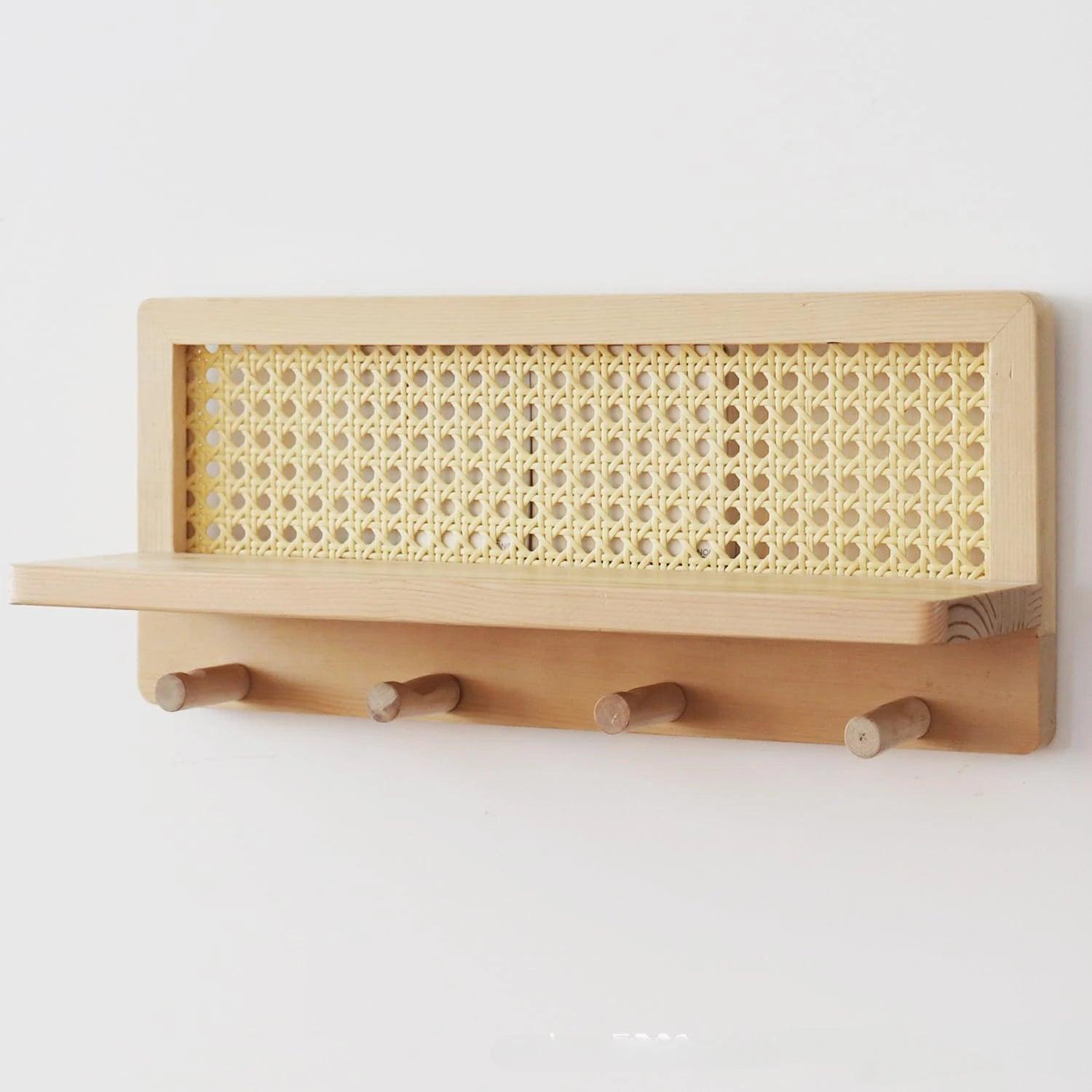 Modern minimalist wood rattan wall shelf featuring a natural finish, ideal for home decor. The shelf combines functionality and style, perfect for displaying plants or small 5