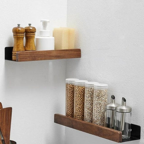 Rustic wooden bathroom shelves in a natural finish, featuring a no-drill design for easy installation. Ideal for space-saving, these sturdy organizers blend functionality 0