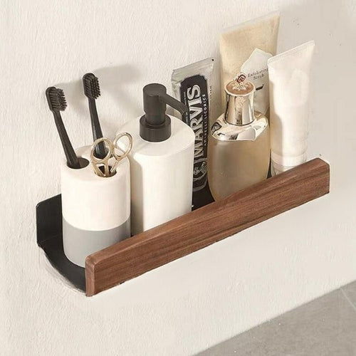 Rustic wooden bathroom shelves in a natural finish, featuring a no-drill design for easy installation. Ideal for space-saving, these sturdy organizers blend functionality 1