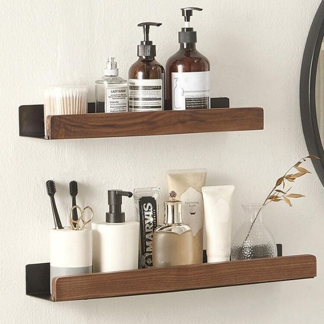 Rustic wooden bathroom shelves in a natural finish, featuring a no-drill design for easy installation. Ideal for space-saving, these sturdy organizers blend functionality 2