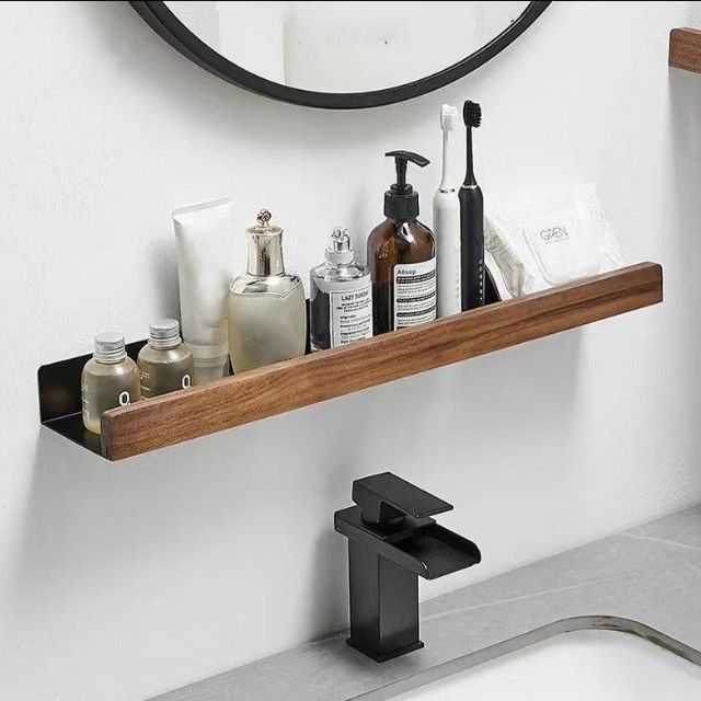Rustic wooden bathroom shelves in a natural finish, featuring a no-drill design for easy installation. Ideal for space-saving, these sturdy organizers blend functionality 3