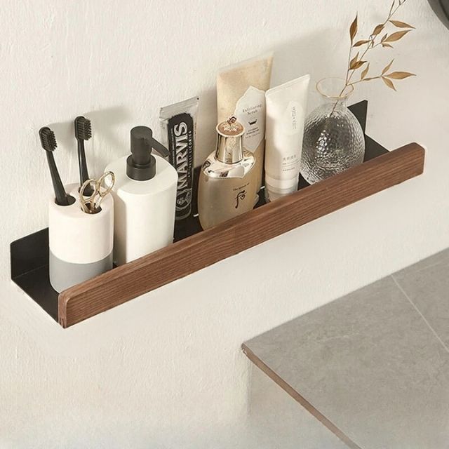 Rustic wooden bathroom shelves in a natural finish, featuring a no-drill design for easy installation. Ideal for space-saving, these sturdy organizers blend functionality 4