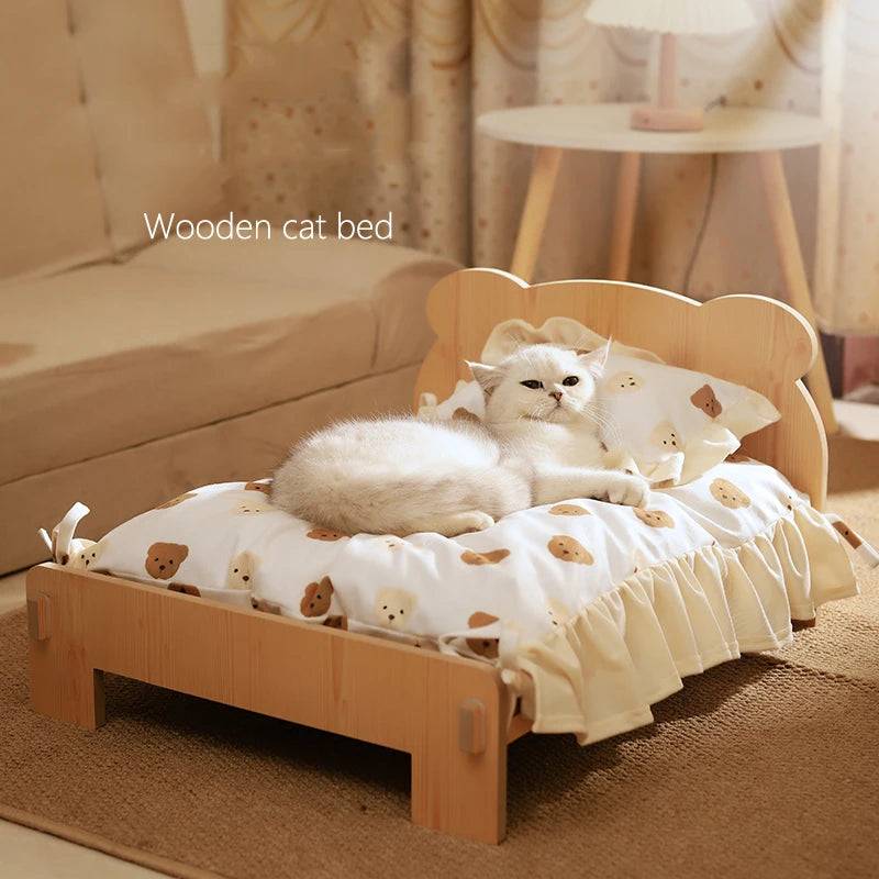 Cozy modern wooden cat bed featuring a removable soft cushion, designed for ultimate comfort. The sleek natural wood finish enhances any decor, making it a stylish 1
