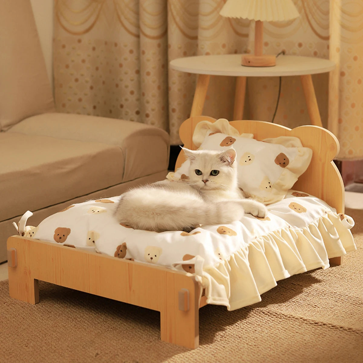 Cozy modern wooden cat bed featuring a removable cushion. The bed has a sleek design with natural wood finish, providing a stylish retreat for pets. The 2