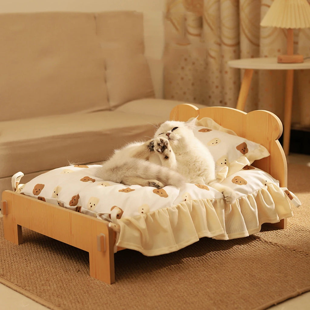 Cozy modern wooden cat bed featuring a removable cushion, designed for comfort and style. The natural wood finish complements home decor, while the soft, plush 3
