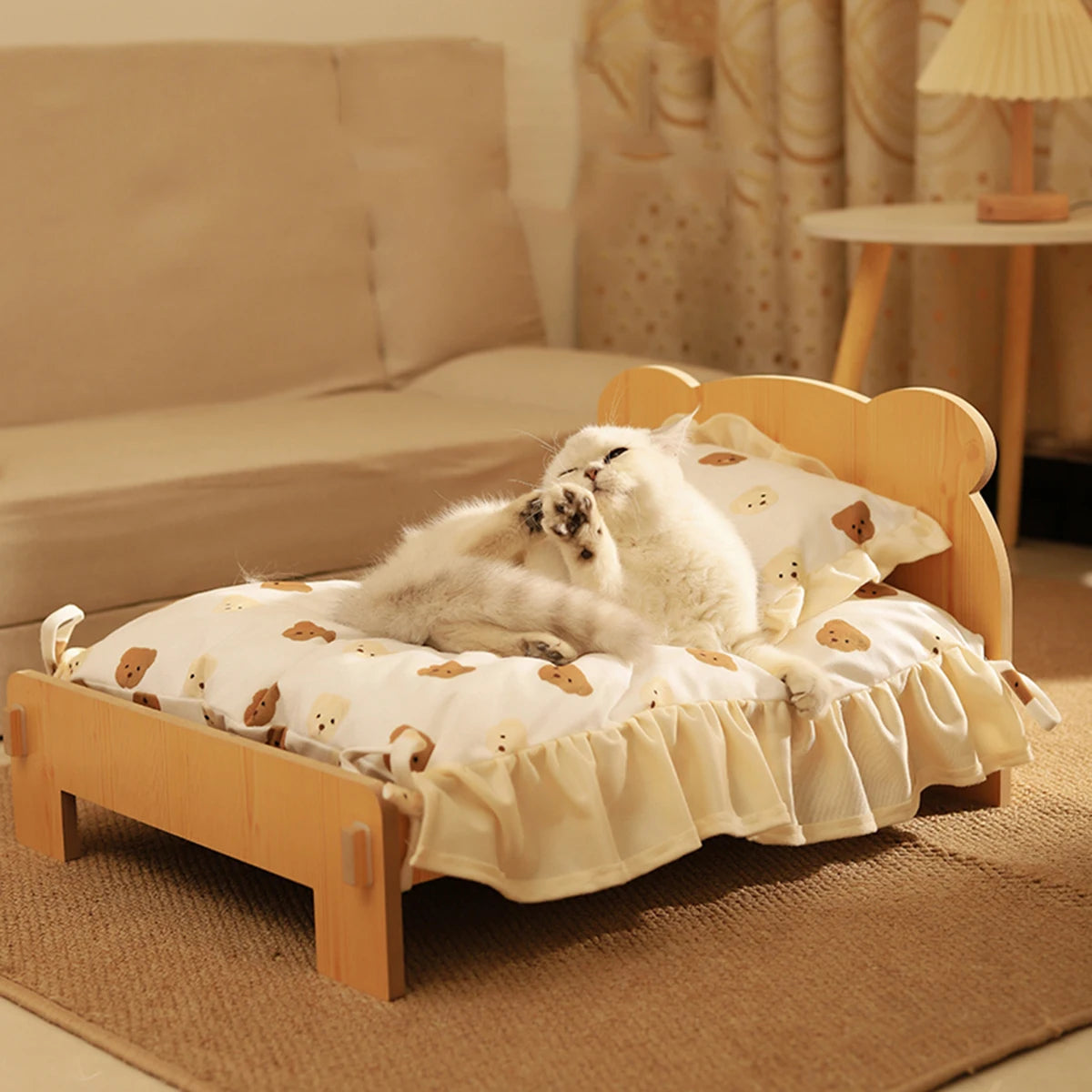 Cozy modern wooden cat bed featuring a removable cushion, designed for comfort and style. The natural wood finish complements home decor, while the soft, plush 3