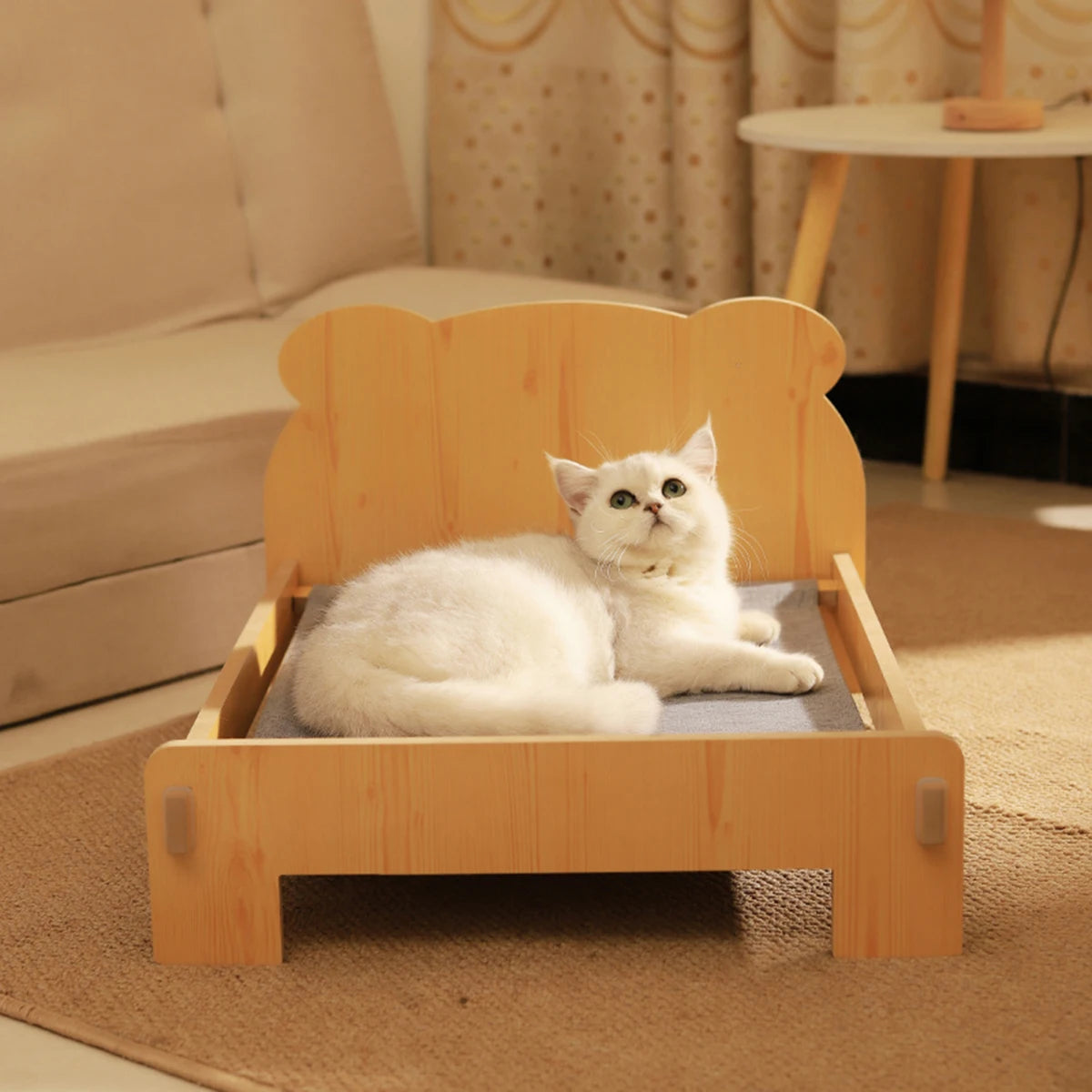 Cozy modern wooden cat bed featuring a sleek design and a removable plush cushion in soft gray fabric, perfect for stylish pet retreats. Ideal for comfort and 5