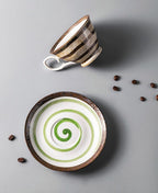 Stoneware Cup & Saucer Set – Handcrafted Striped Ceramic Coffee/Tea Cup with Spiral Saucer
