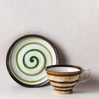Stoneware Cup & Saucer Set – Handcrafted Striped Ceramic Coffee/Tea Cup with Spiral Saucer