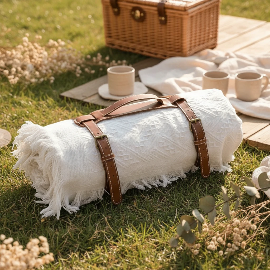 Waterproof Picnic Blanket – Large Woven Mat with PU-Leather Straps