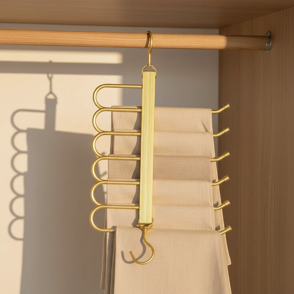 Gold multi-hook organizer hanging on a wooden rod with beige pants underneath.