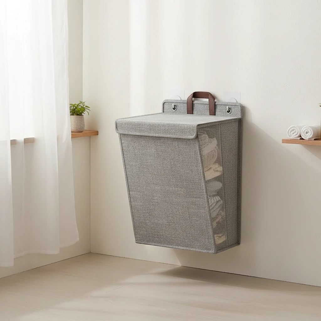 Foldable Wall-Mounted Laundry Basket – Space-Saving Polyester Hamper for Home Organization, Easy Storage, Grey