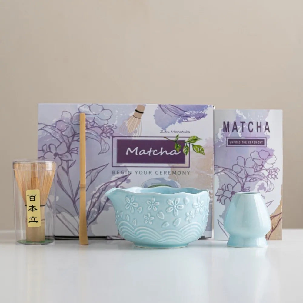 Matcha set – 7-piece starter kit – Embossed ceramic bowl – Luxury gift box for tea lovers