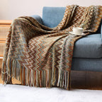 Boho Knitted Throw Blanket with Fringe – Soft Striped Decorative Blanket for Couch & Bed
