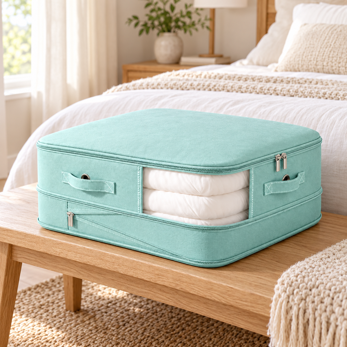 A mint green fabric travel storage bag with a clear window showing folded white bedding, placed on a wooden table in a bright, modern bedroom.