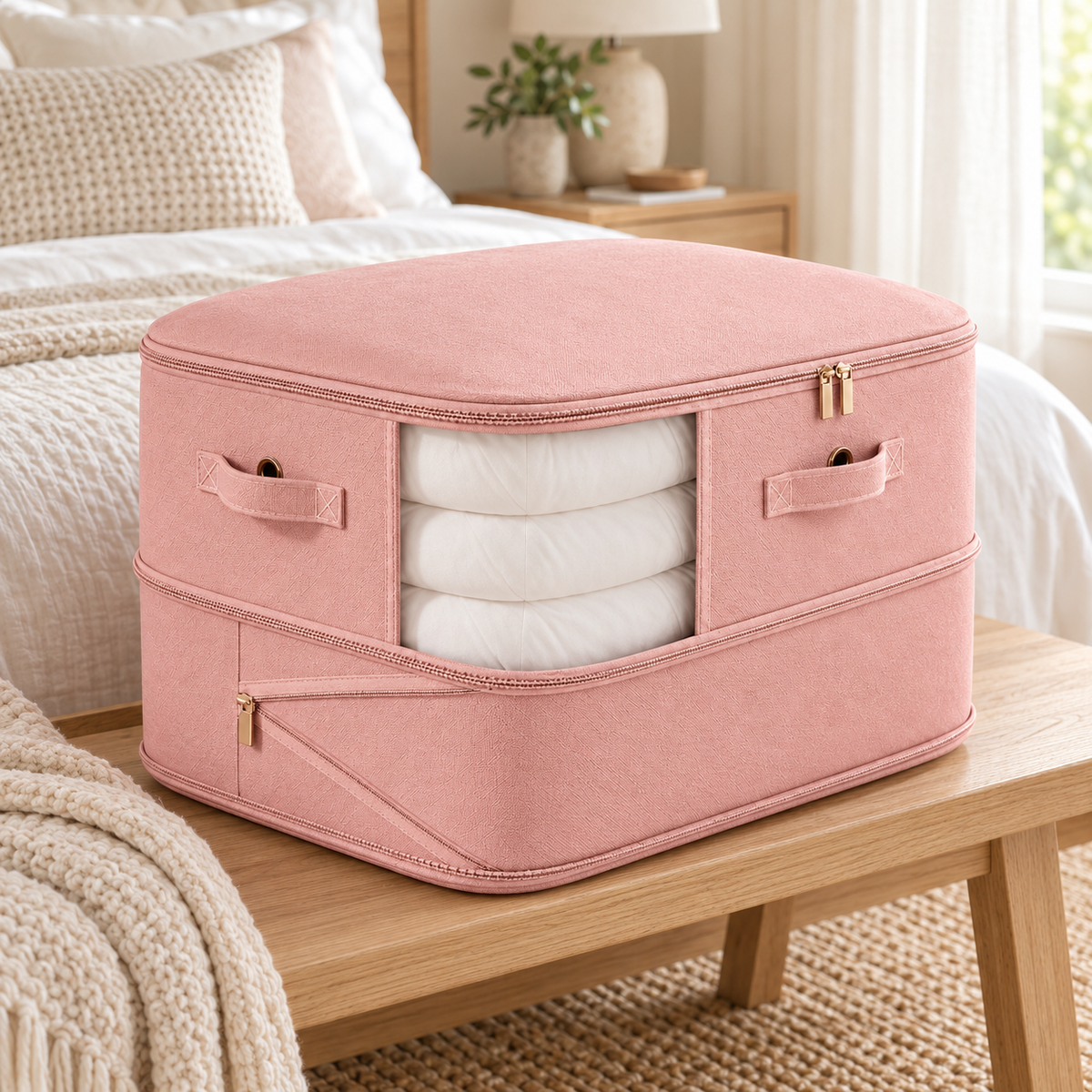 A pink fabric storage box with a clear window showing folded white towels inside, placed on a wooden table in a bright bedroom setting.
