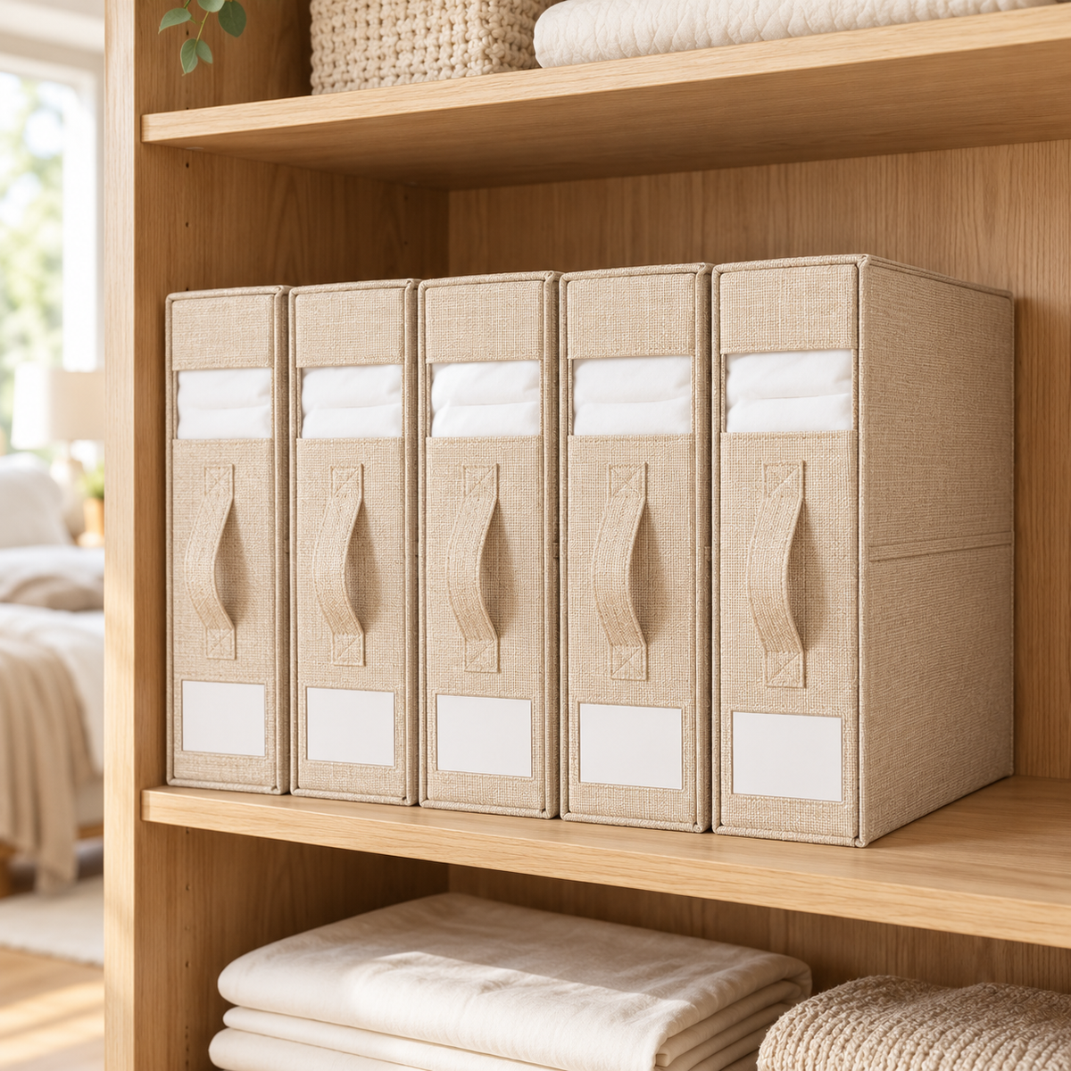 Five beige linen file organizer boxes with fabric handles and white label pockets, neatly arranged on a wooden shelf alongside folded white towels.