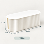White ribbed rectangular storage box with rounded top, shown with dimension lines indicating 4.3 in height, 5.