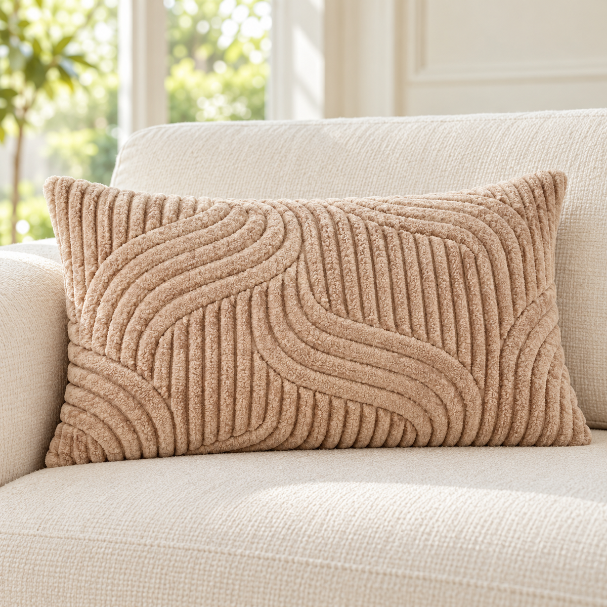 A rectangular beige throw pillow with a textured, raised wavy pattern, resting on a cream-colored sofa in a bright, sunlit room.