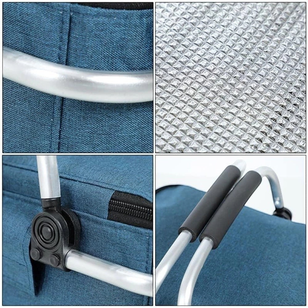 Dear Hazel blue collapsible picnic basket with aluminum frame and padded handles, 18L waterproof tote.
