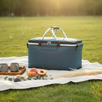 Dear Hazel blue collapsible picnic basket with ergonomic handles, 18L waterproof tote for outdoor adventures.