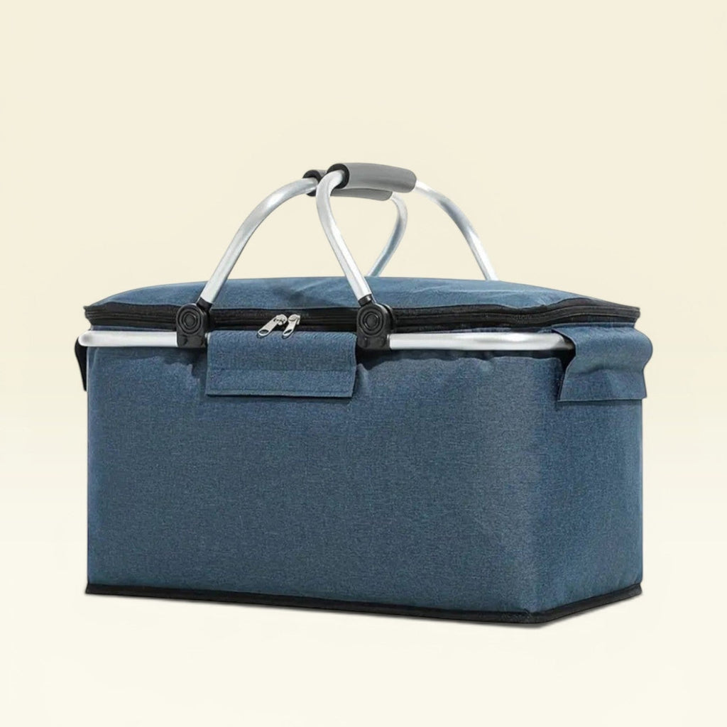 Dear Hazel blue collapsible picnic basket with aluminum frame and padded handles, 18L waterproof tote for outdoor adventures.