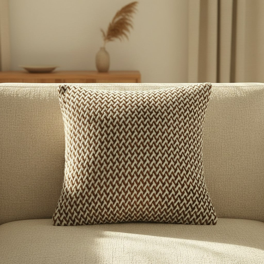 Dear Hazel brown and cream chevron pattern microfiber cushion cover with hidden zipper.