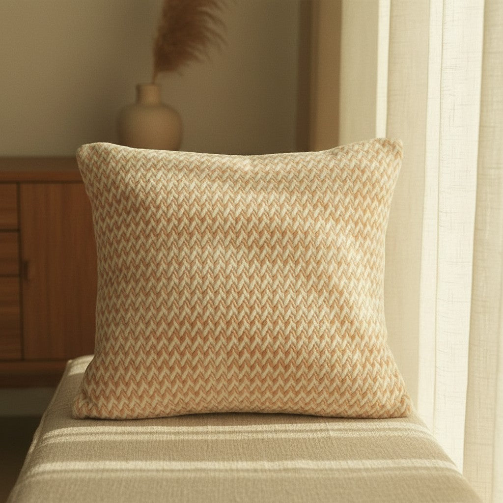 Dear Hazel beige and orange chevron pattern microfiber cushion covers with hidden zipper.