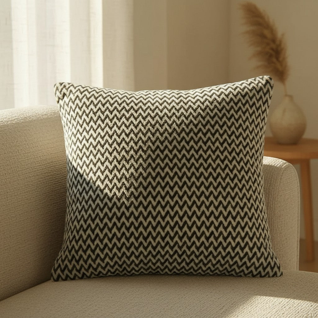 Dear Hazel grey and white chevron pattern microfiber cushion cover with hidden zipper.