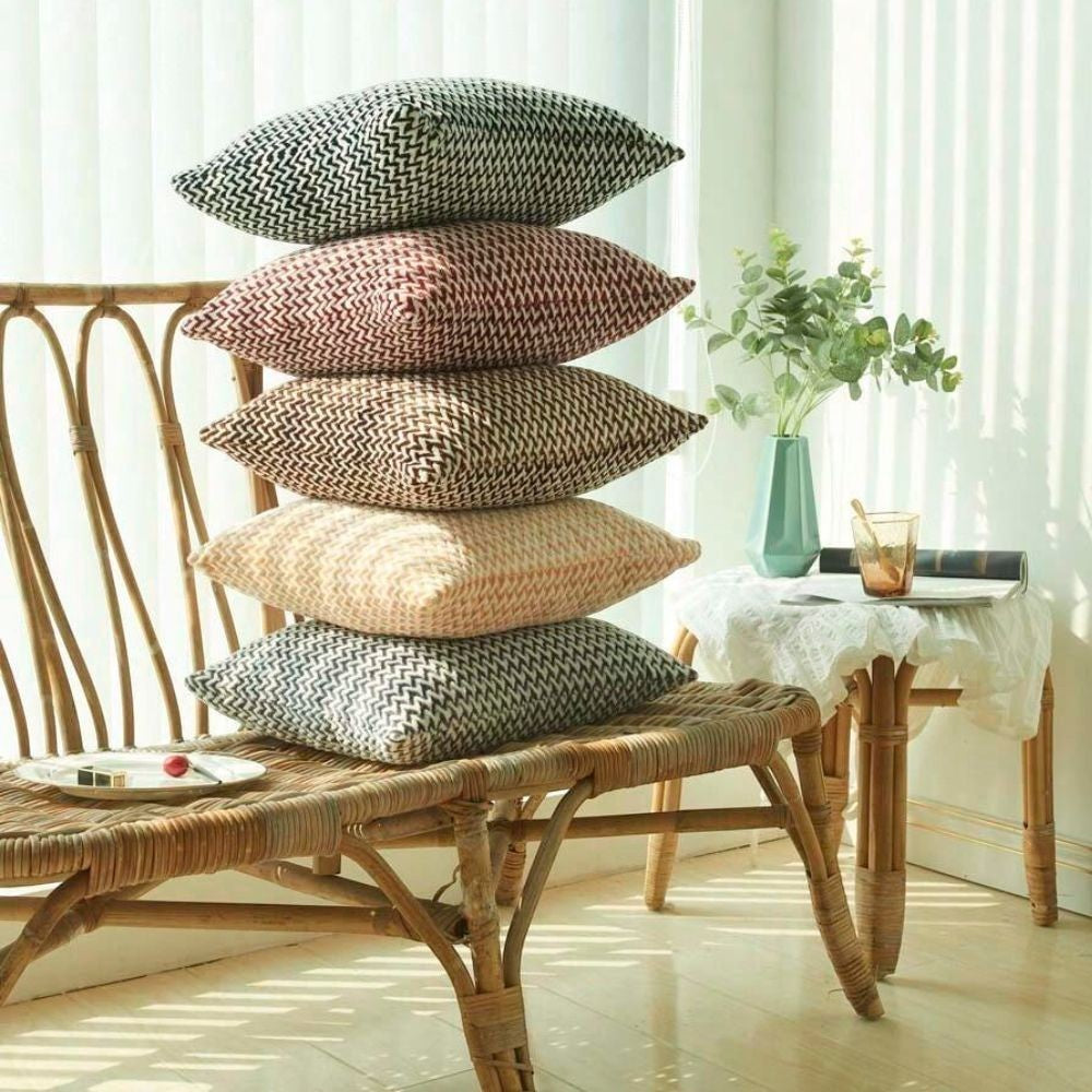 Dear Hazel microfiber cushion covers in black, red, beige, and grey chevron patterns with hidden zippers.