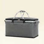 Dear Hazel grey collapsible picnic basket with aluminum frame and ergonomic handles, 18L waterproof tote for outdoor adventures.