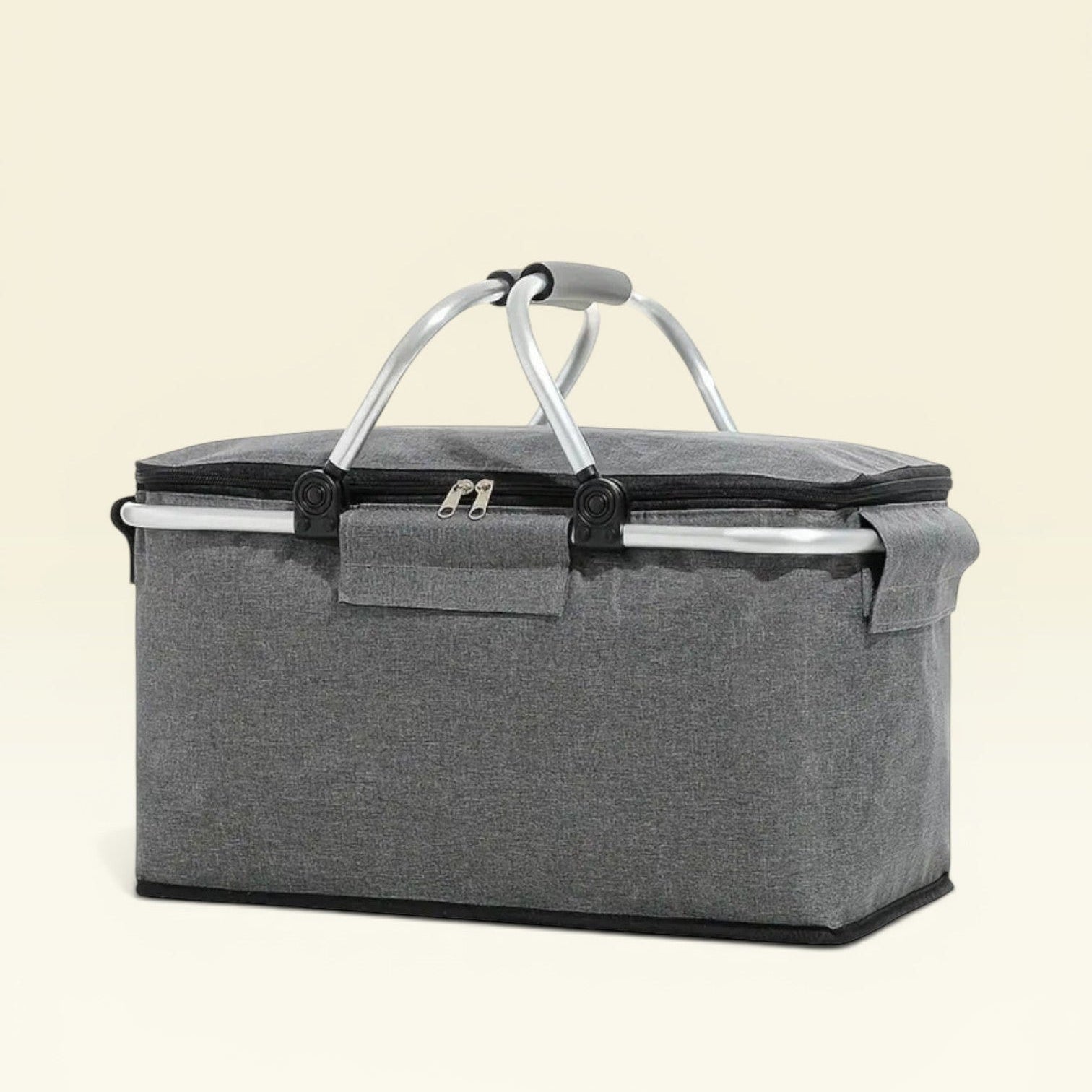 Dear Hazel grey collapsible picnic basket with aluminum frame and ergonomic handles, 18L waterproof tote for outdoor adventures.