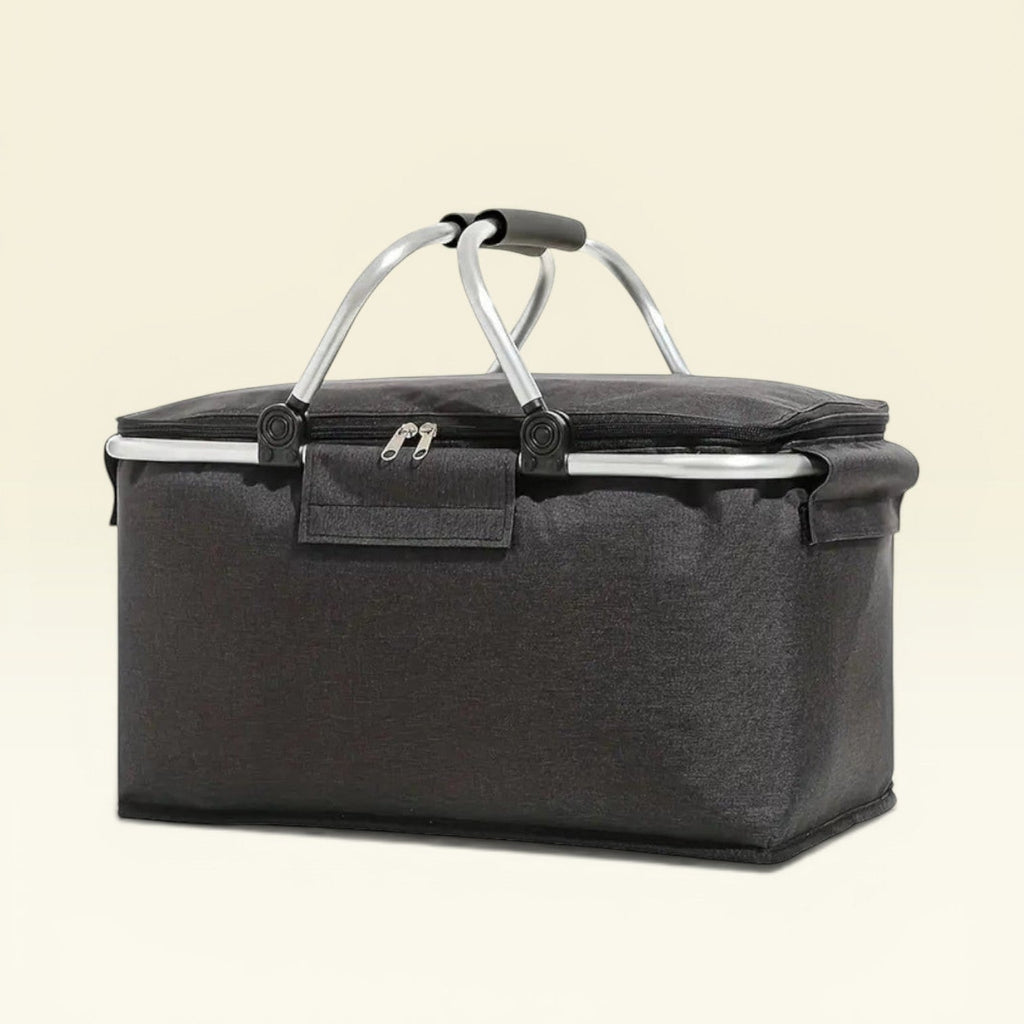 Dear Hazel black collapsible picnic basket with aluminum frame and padded handles, 18L waterproof tote for outdoor adventures.