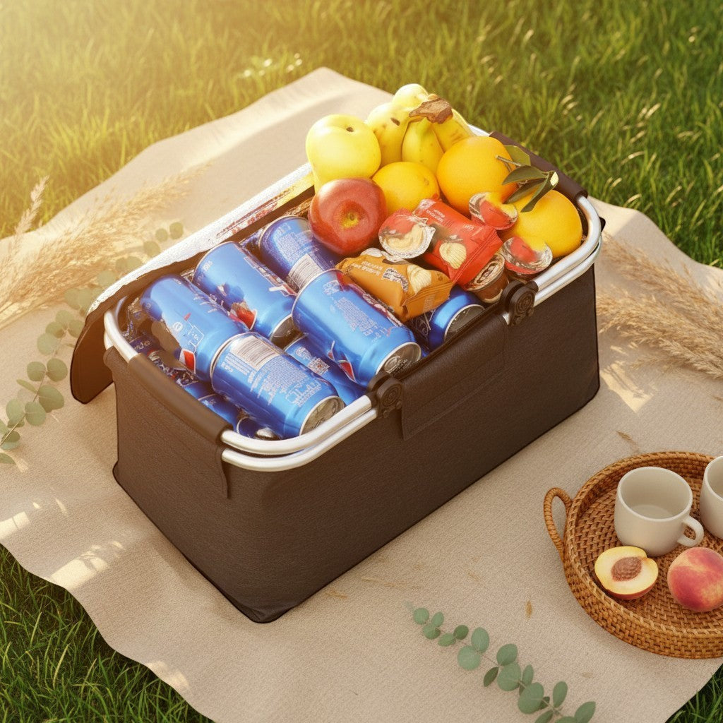Dear Hazel black collapsible picnic basket with ergonomic handles, filled with drinks, fruit, and snacks.