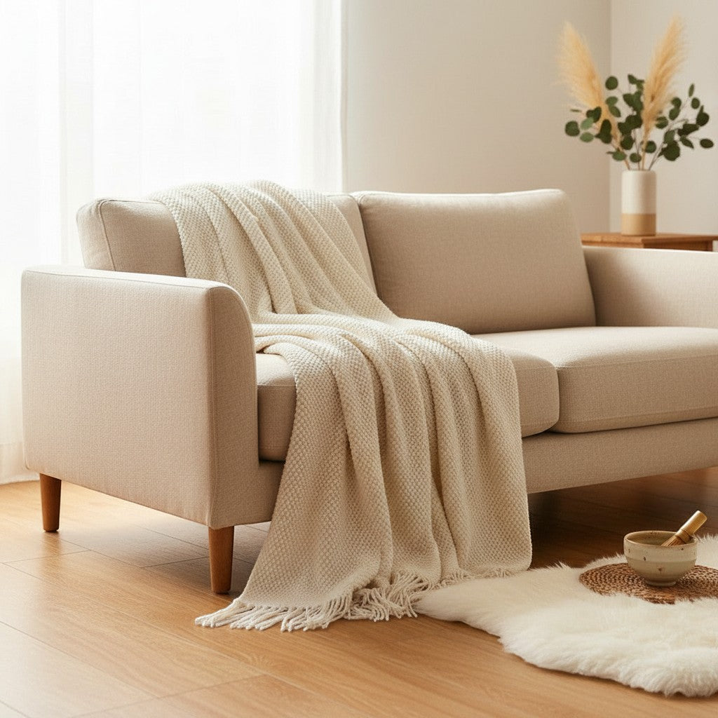 Dear Hazel cream knit blanket with fringe, Scandinavian design, soft yarn, perfect for indoor/outdoor comfort.