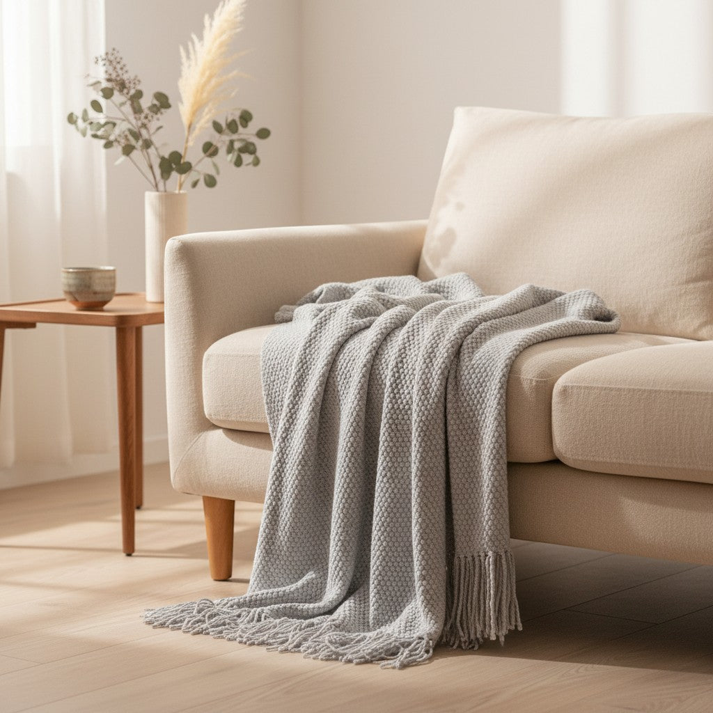 Dear Hazel grey knit throw blanket with fringe, Scandinavian design, soft yarn, perfect for indoor/outdoor comfort.