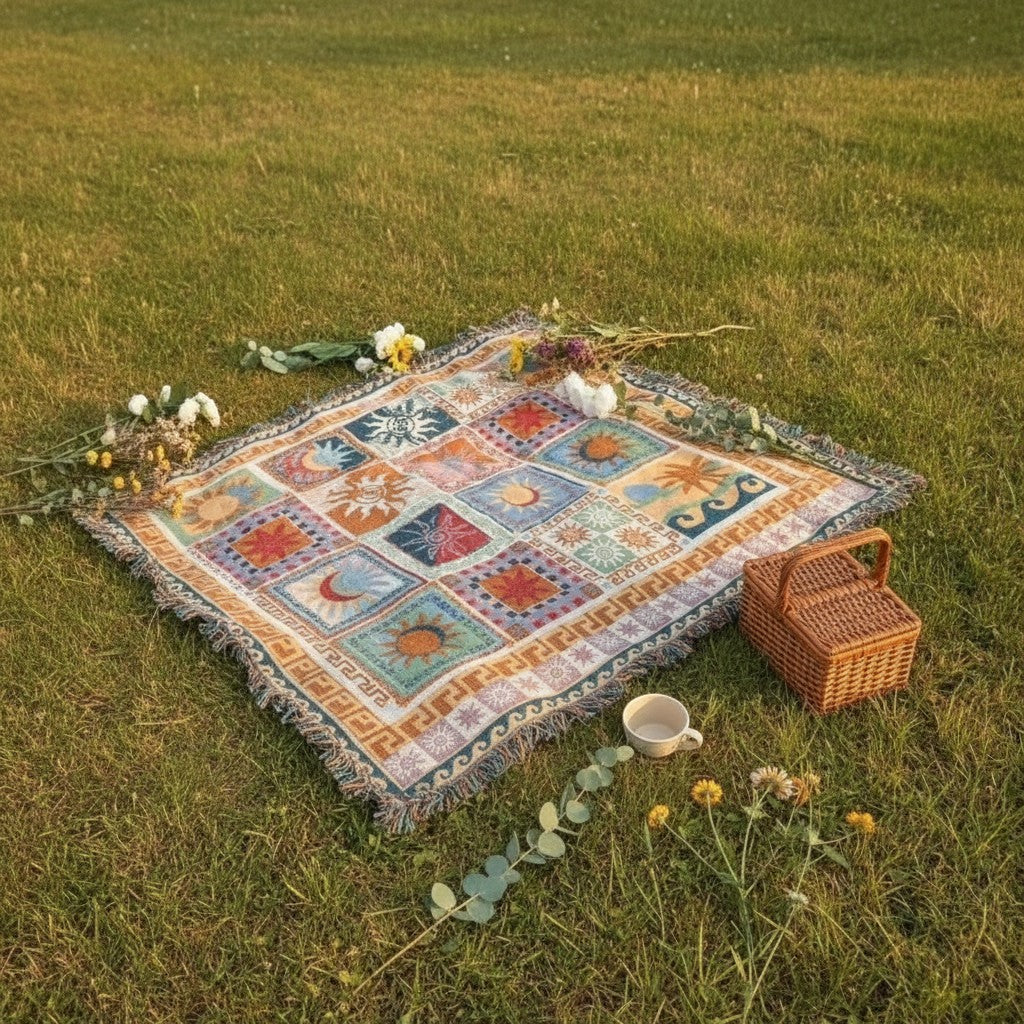 Dear Hazel large microfiber picnic blanket with colorful sun and geometric patterns, featuring fringes. Ideal for outdoor adventures.