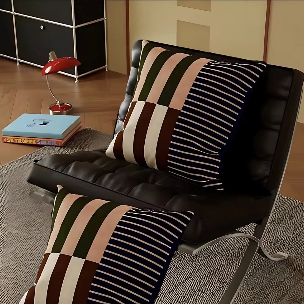 Dear Hazel Mod Blocks striped cushion cover in microfiber blend, featuring a double-sided print with pink, green, brown, and navy stripes.