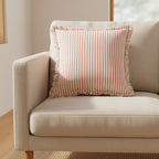 Dear Hazel red and white striped cotton-linen blend cushion cover with fringed edges, 18x18 inches.