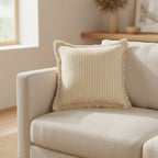 Dear Hazel Scandi-style cream cushion cover with yellow stripes and fringed edges, 18x18 inch cotton-linen blend.