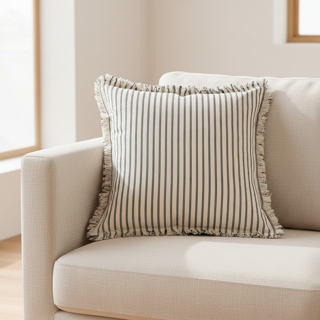 Dear Hazel Scandi-style cushion cover with navy stripes, fringed edges, and cotton-linen blend. 18x18 inches.