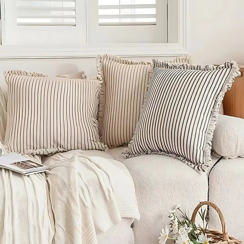 Scandi-Style Striped Cushion Cover 18x18 – Cotton-Linen Blend Sofa Cushion Cover with Fringed Edges, Machine Washable 8