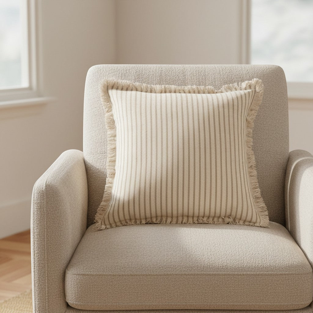 Dear Hazel Scandi-style beige and brown striped cotton-linen blend cushion cover with fringed edges.