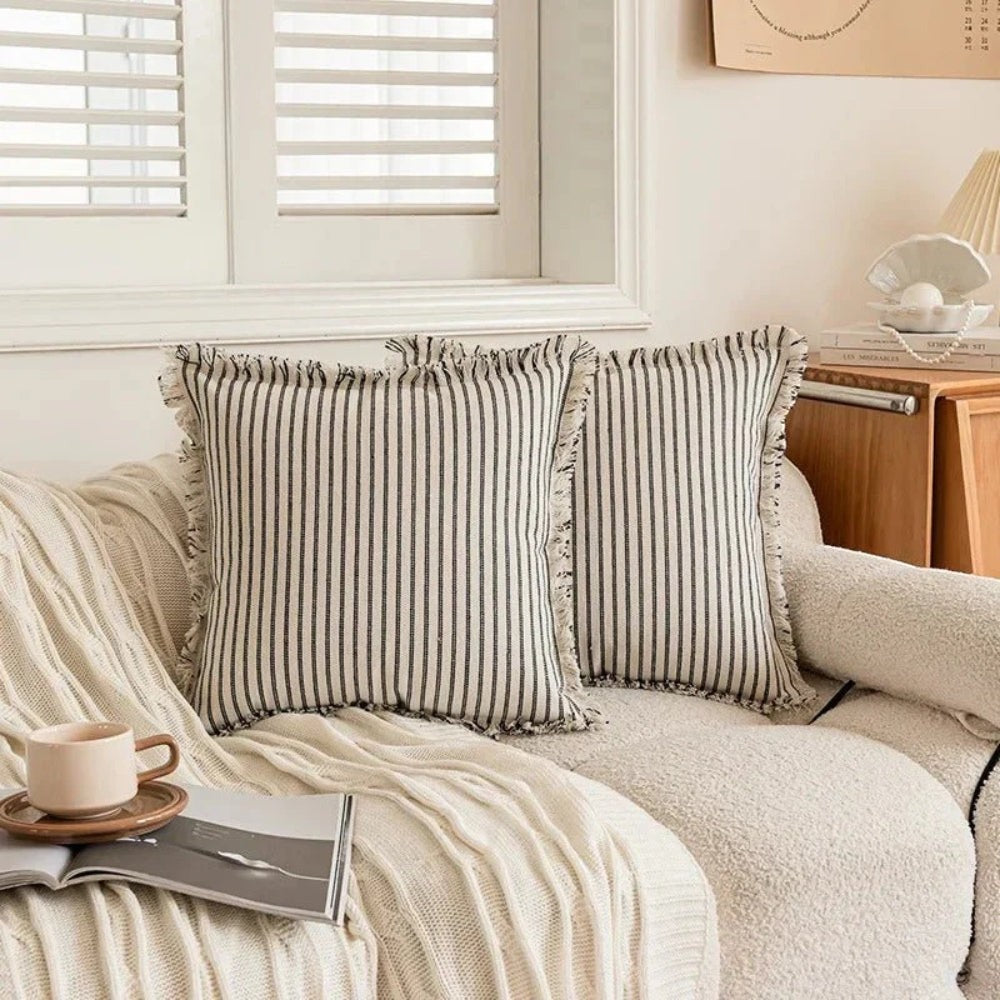 Scandi-Style Striped Cushion Cover 18x18 – Cotton-Linen Blend Sofa Cushion Cover with Fringed Edges, Machine Washable 7