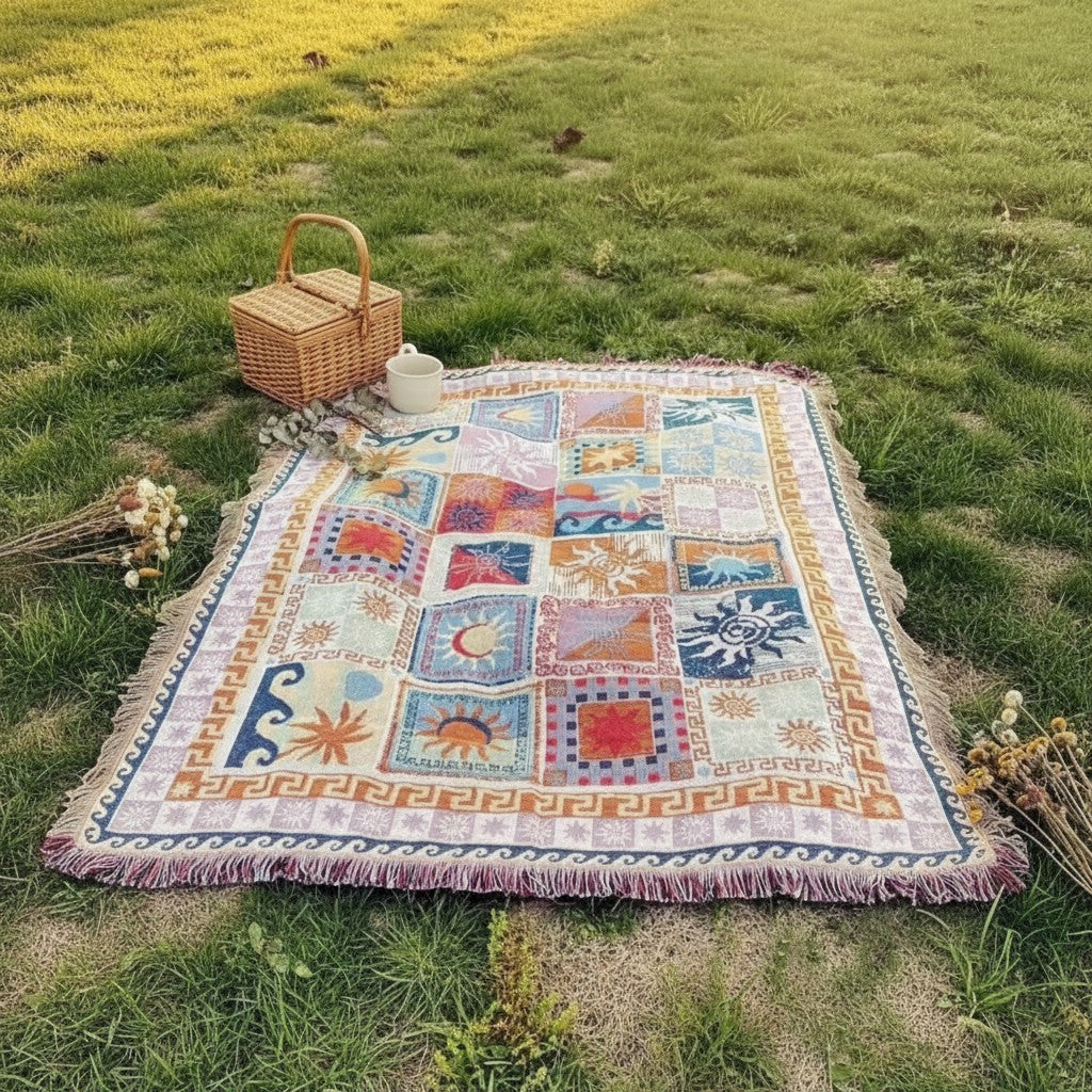 Dear Hazel large microfiber picnic blanket with sun, moon, and wave patterns and fringe trim.